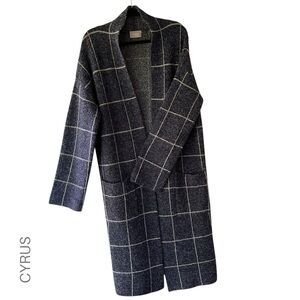 CYRUS | NWOT WINDOWPANE OPEN FRONT LONG SWEATER COAT NAVY BLUE & GRAY | LARGE
